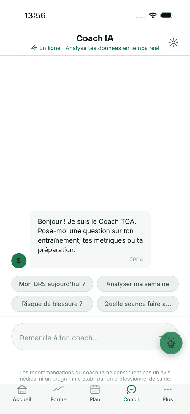 Coach IA TOA en conversation avec un athlète